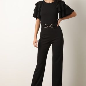 Ruffle Tiered Sleeves Belted Flared Jumpsuit
